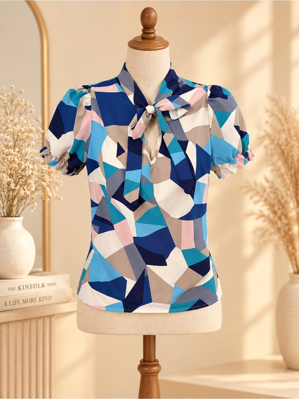 SHEIN Blue Multi Geometric Tie-Neck Puff Sleeve Blouse